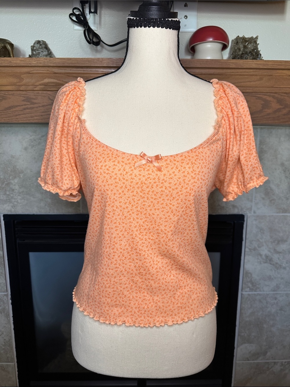 American Eagle Preppy Floral Scoop Neck Puff Sleeve Bow Cottagecore Tee Size XL